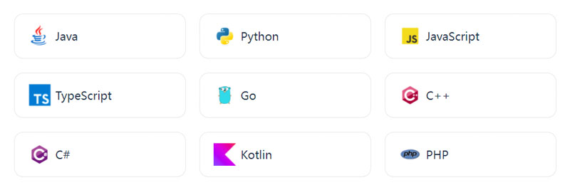 支持Java、Python、C++、Go、JavaScript等10+主流编程语言